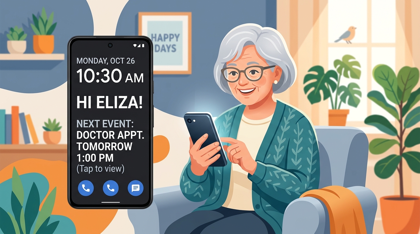 Senior happily using phone with large text