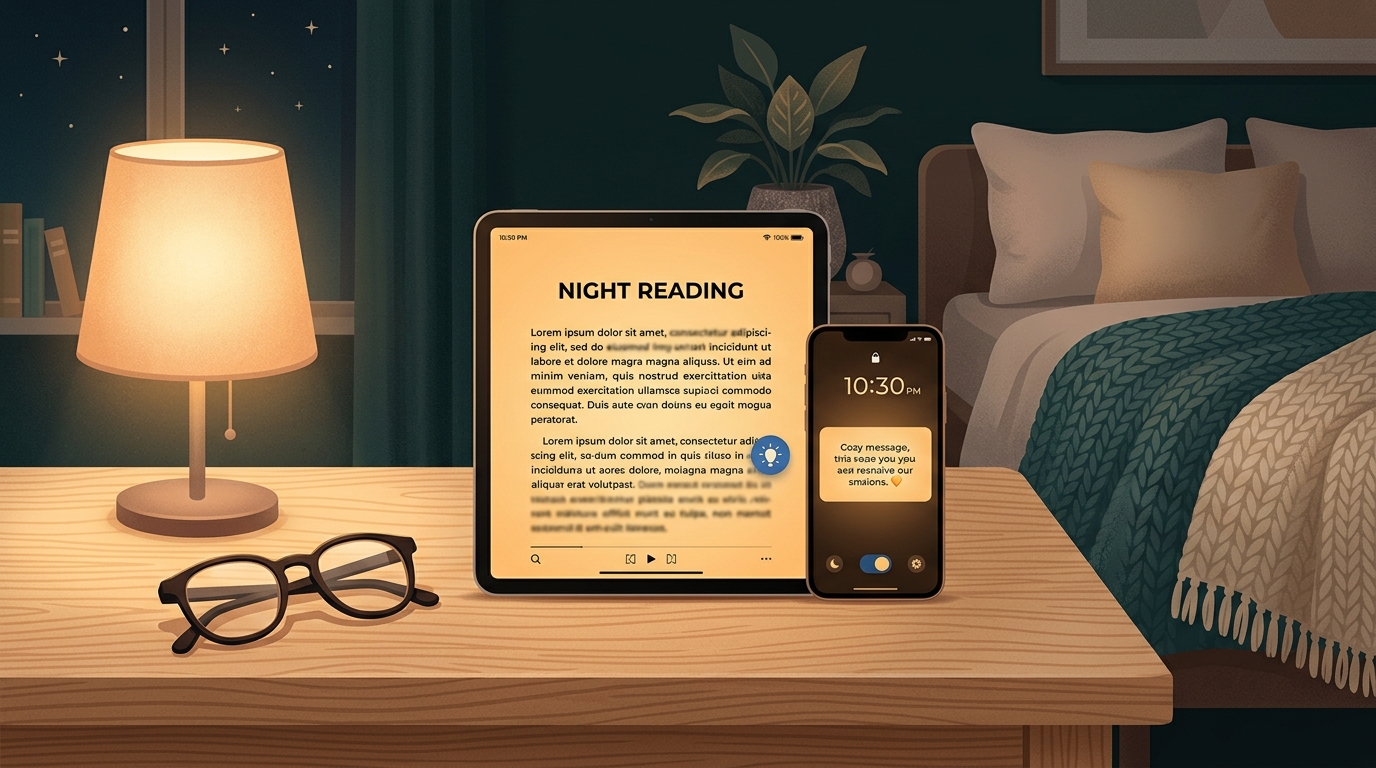 Tablet and phone with warm amber night light display enabled beside reading glasses