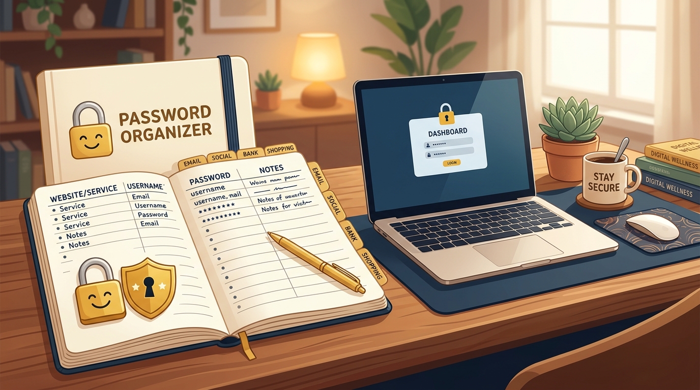 Password organizer notebook and laptop