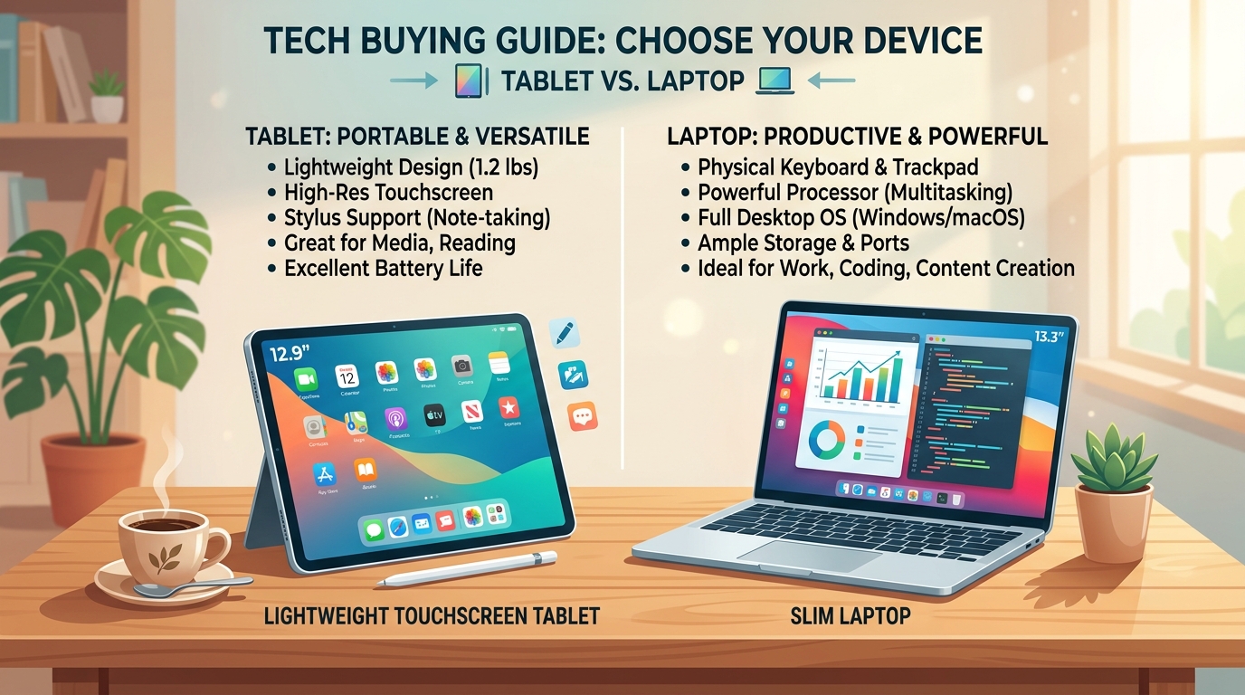 Side-by-side comparison of a lightweight touchscreen tablet and a slim laptop on a desk