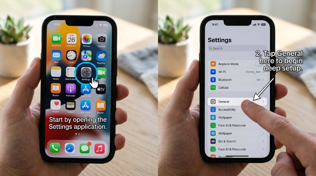 A hand holding an iPhone displaying the Display and Brightness settings menu.