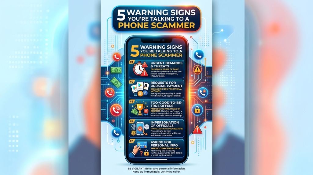 Infographic highlighting 5 warning signs you are talking to a phone scammer.