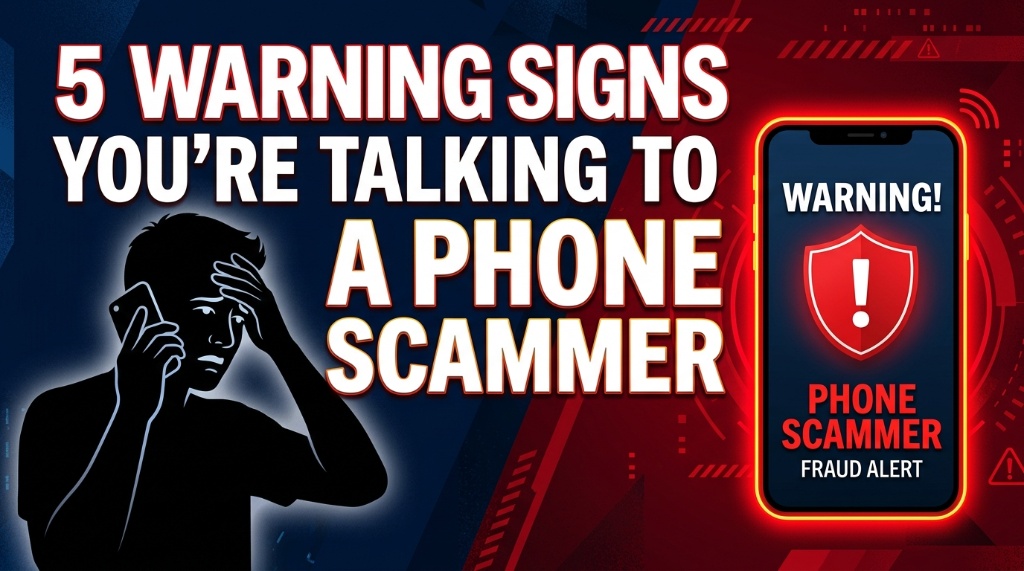 Graphic banner displaying 5 warning signs you are talking to a phone scammer.
