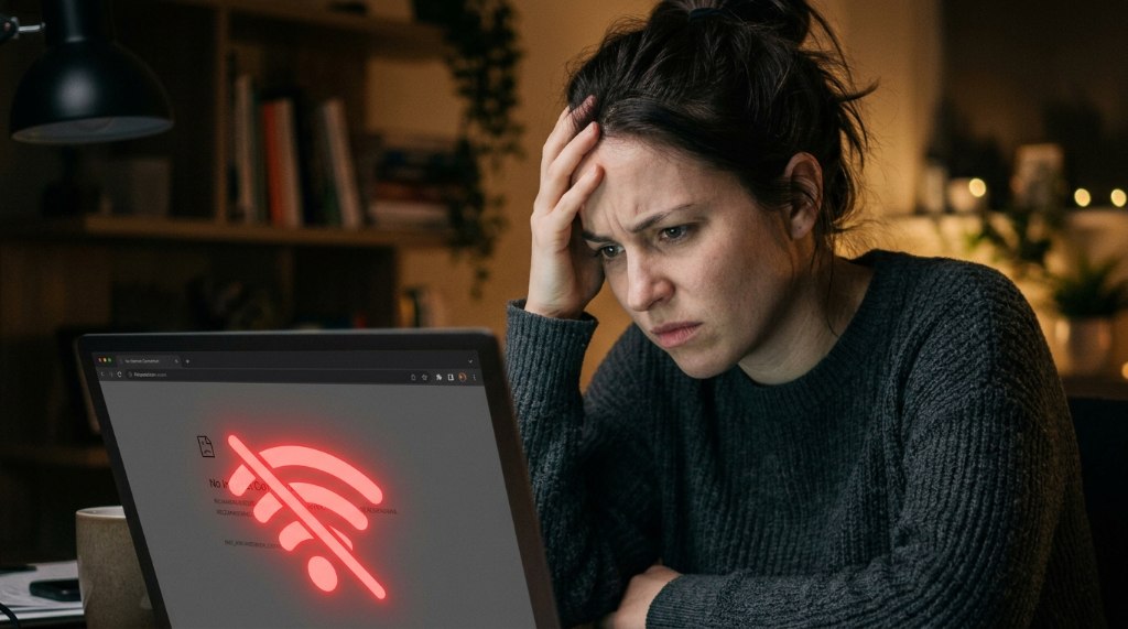 Person looking frustrated at a laptop with Wi-Fi connection issues