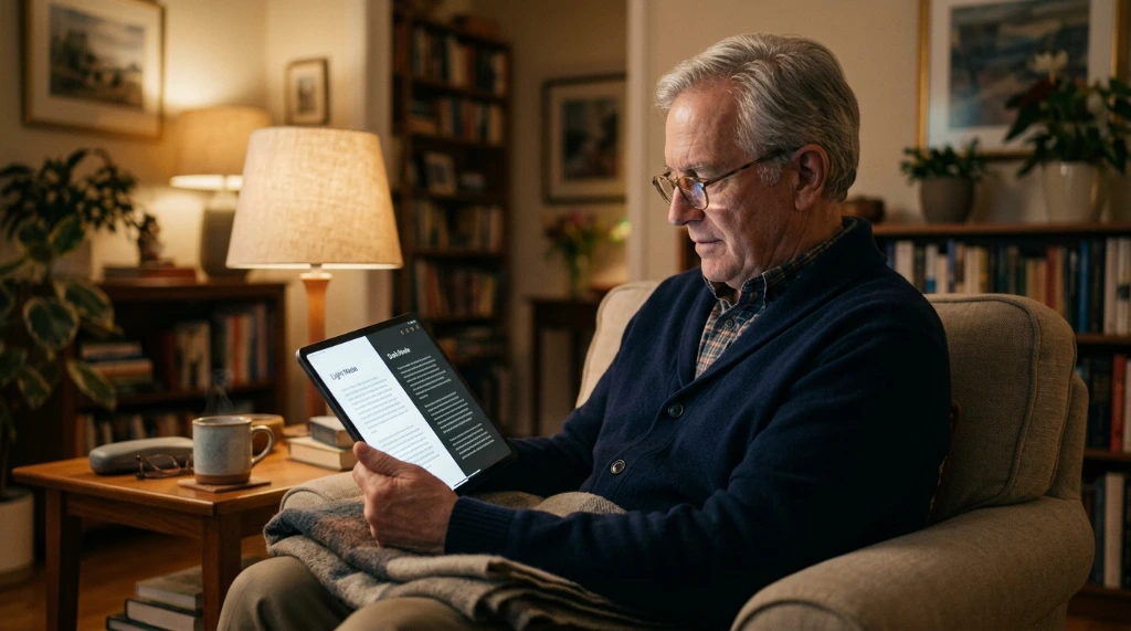 Senior man comparing bright screen and dark mode on tablet.