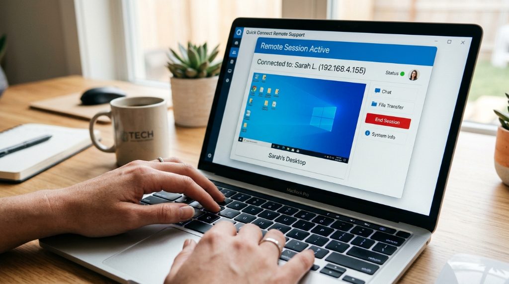 Close-up of hands typing on a laptop keyboard displaying remote desktop software.