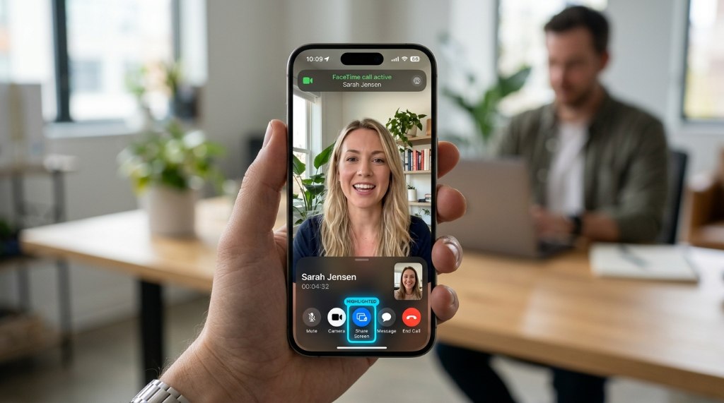 Close-up of an iPhone screen showing the FaceTime screen sharing control button.