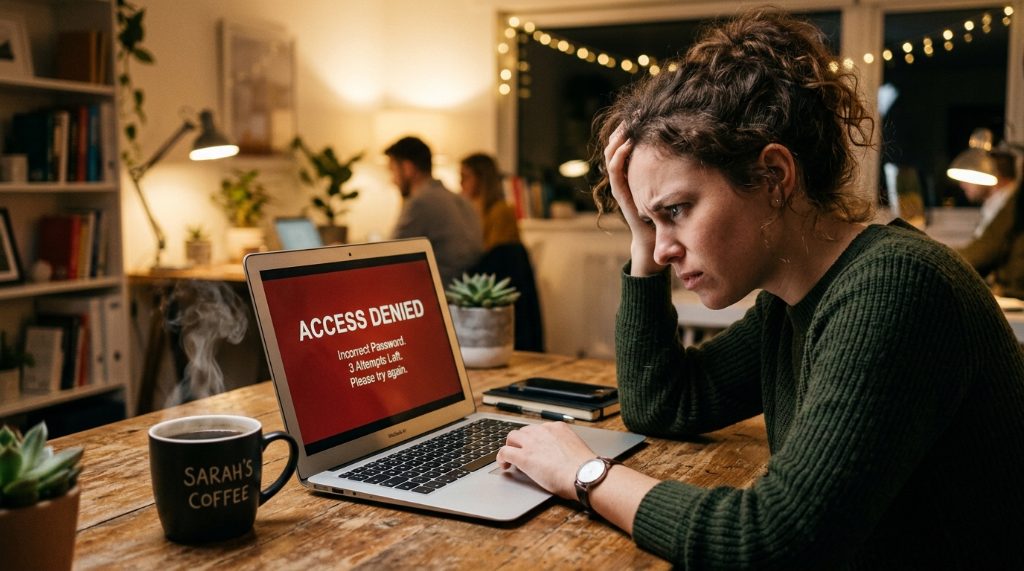 Frustrated person looking at a laptop with an error screen.
