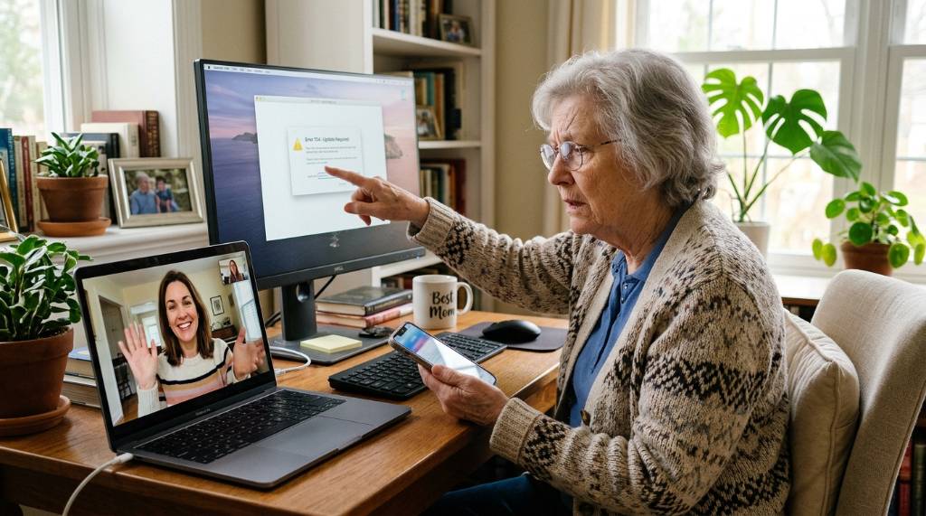 A concerned older woman looking at her desktop computer while video calling her child on a laptop.