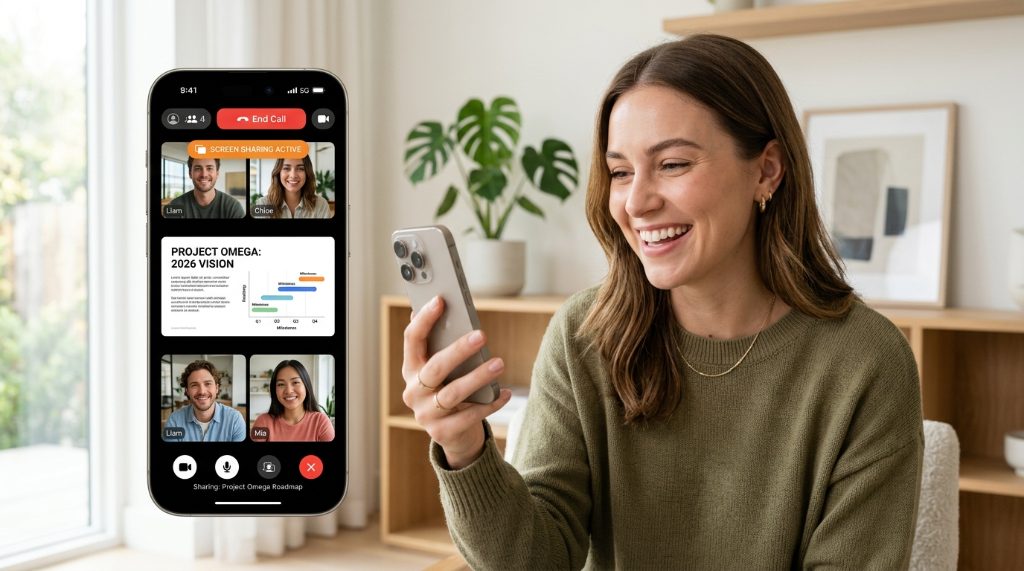 person holding an iPhone showing a FaceTime video call with screen sharing.